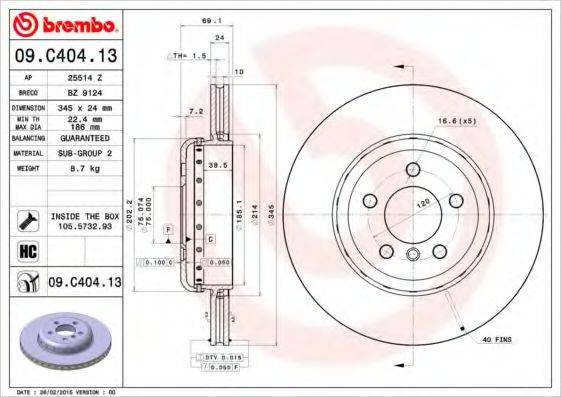 BREMBO 09C40413 гальмівний диск